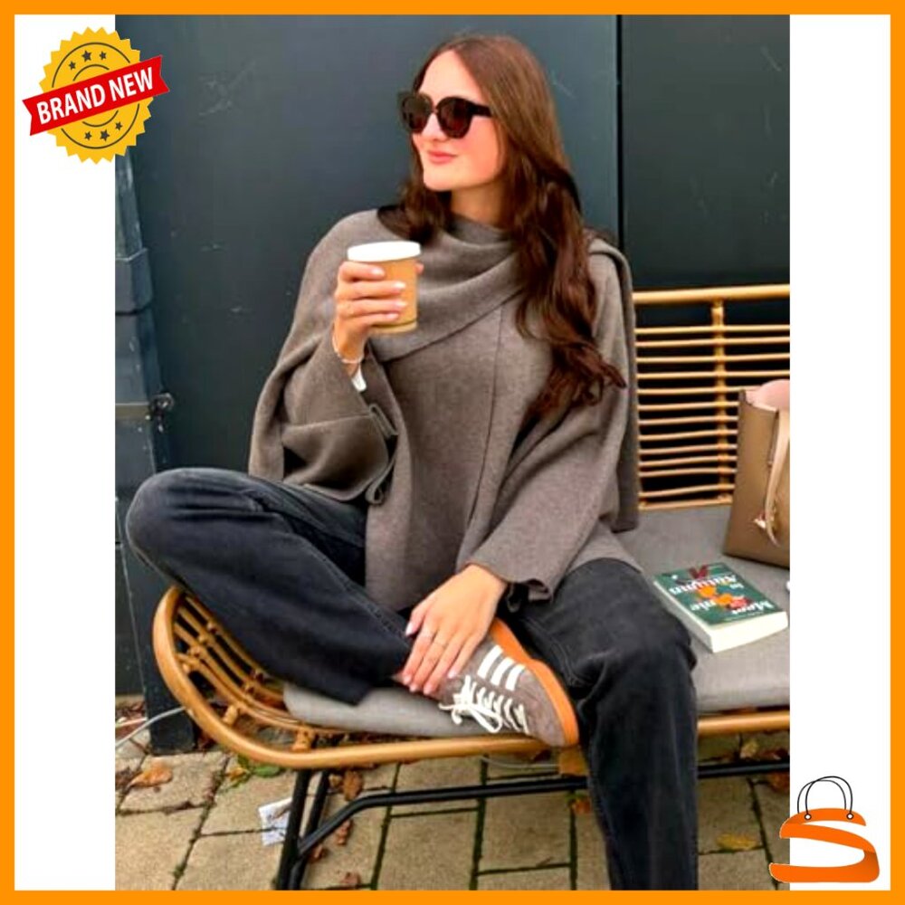 Oversized Scarf Jacket Knit Peacoat Long Sleeve Button Winter Wrap Chic Minimal - Picture 4 of 6